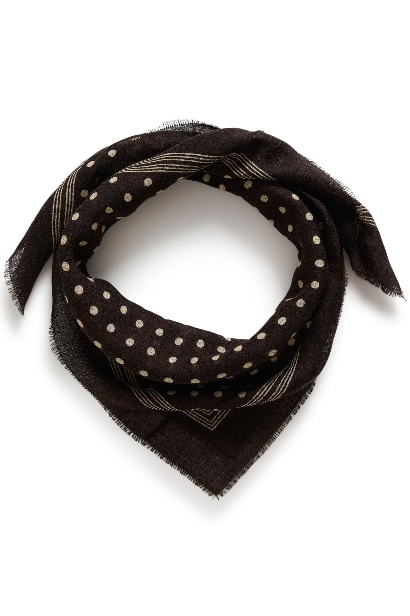Part Two women's dark brown polka dot scarf arranged in a loop, showing cream striped border and fringed edges, product view