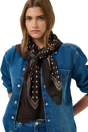Part Two women's dark brown polka dot scarf tied at the neck, front model view