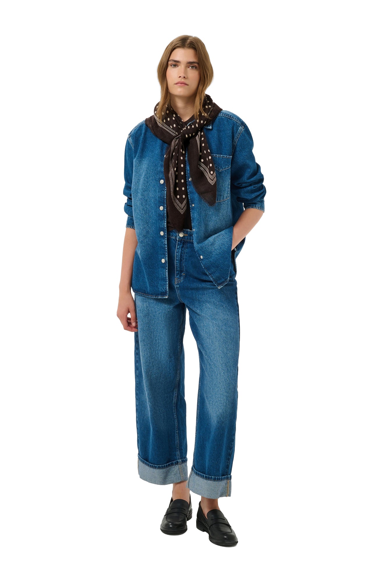 Part Two women's full-body model view with dark brown polka dot scarf tied at the neck over denim styling, front view