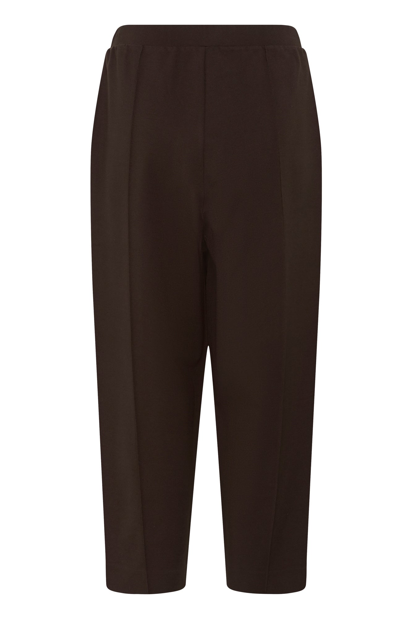 Vue arrière isolée du pantalon brun foncé à enfiler, ourlets écourtés et coutures au dos pour femme par Part Two