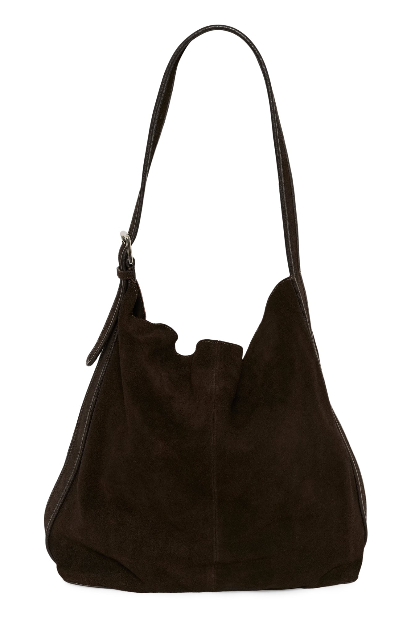 Sac hobo en suède brun foncé avec longue bandoulière courbée pour femme par Part Two, vue de face