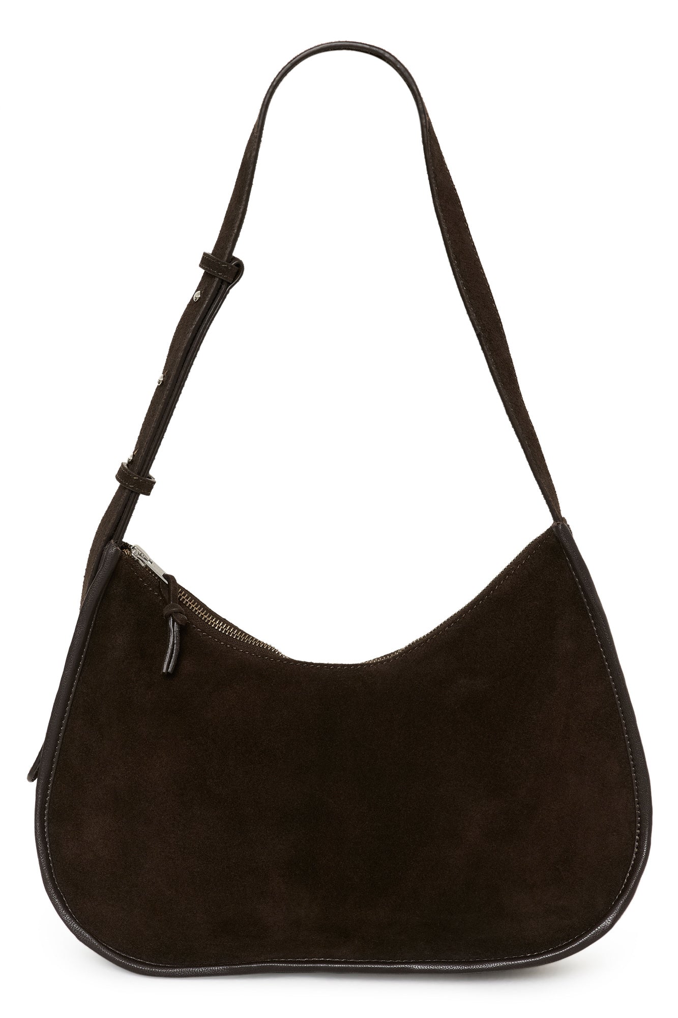 Sac à bandoulière en suède brun foncé, corps arrondi, fermeture éclair pour femme par Part Two, vue de face