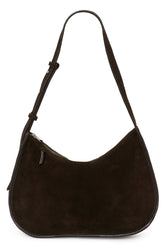 Sac à bandoulière en suède brun foncé, corps arrondi, fermeture éclair pour femme par Part Two, vue de face
