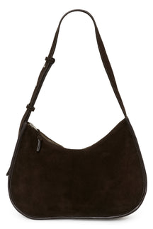 Sac à bandoulière en suède brun foncé, corps arrondi, fermeture éclair pour femme par Part Two, vue de face