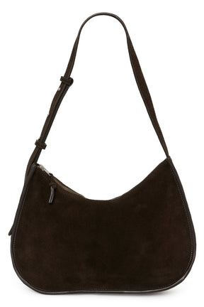 Sac à bandoulière en suède brun foncé, corps arrondi, fermeture éclair pour femme par Part Two, vue de face