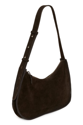 Vue en angle de la sac à bandoulière en suède brun foncé avec courroie réglable cloutée pour femme par Part Two