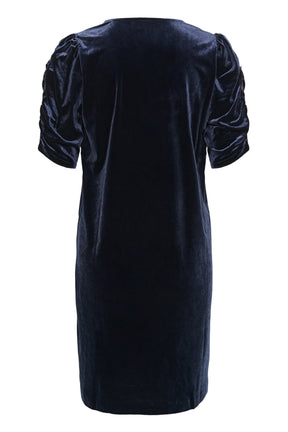 Robe manches courtes en velours bleu marine foncé avec manches bouffantes froncées pour femme par Part Two, vue de dos