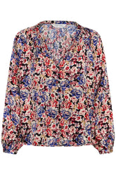 Blouse manches longues florale noire vue de face avec col en V et boutons noirs pour femme par Part Two