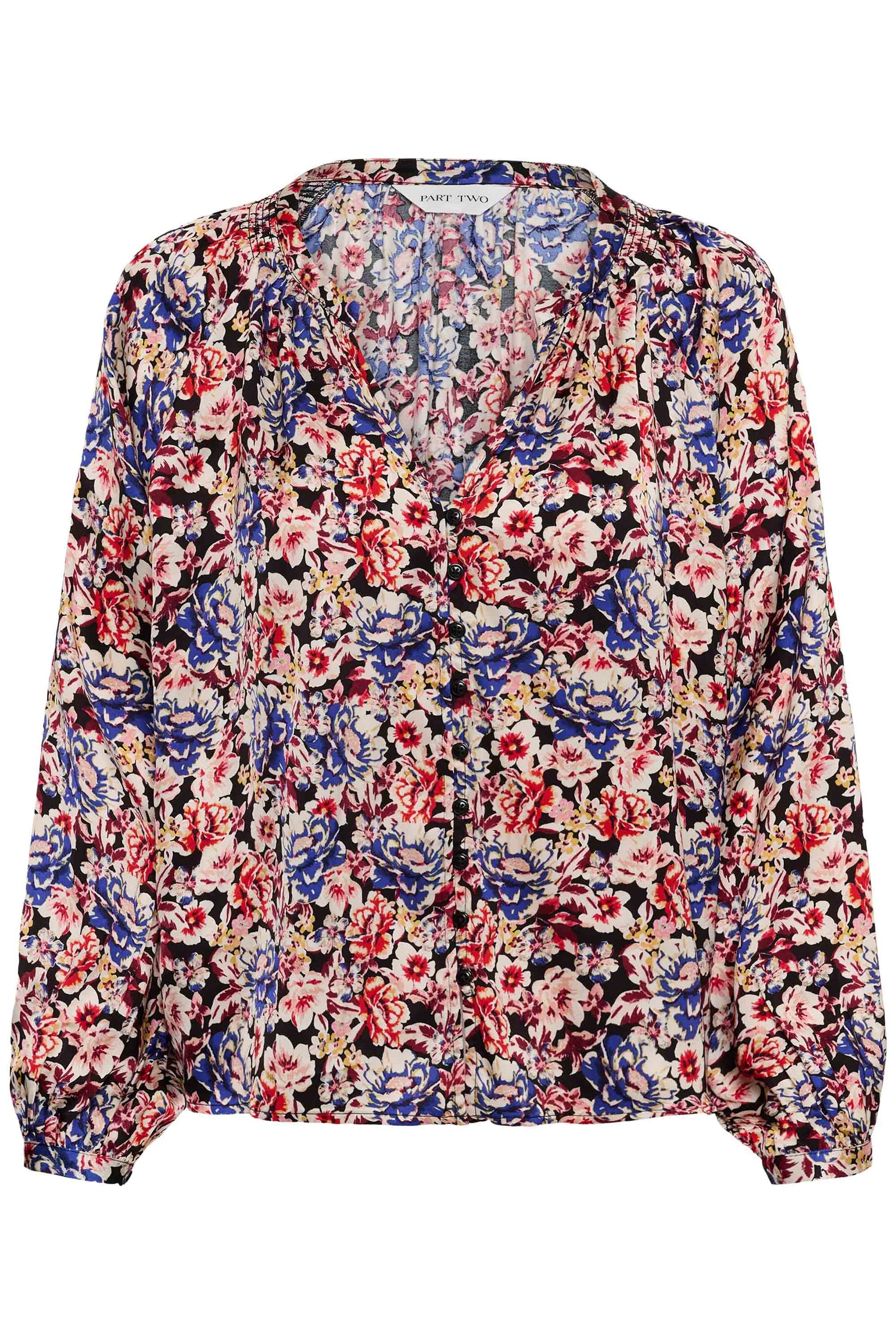 Blouse manches longues florale noire vue de face avec col en V et boutons noirs pour femme par Part Two