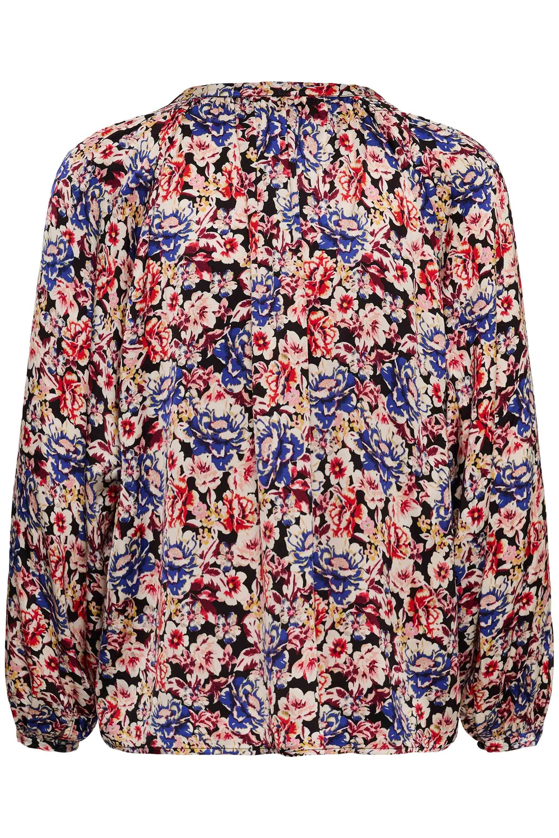 Blouse manches longues florale noire vue de dos avec empiècement, plis souples et poignets boutonnés pour femme par Part Two