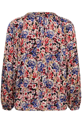 Blouse manches longues florale noire vue de dos avec empiècement, plis souples et poignets boutonnés pour femme par Part Two