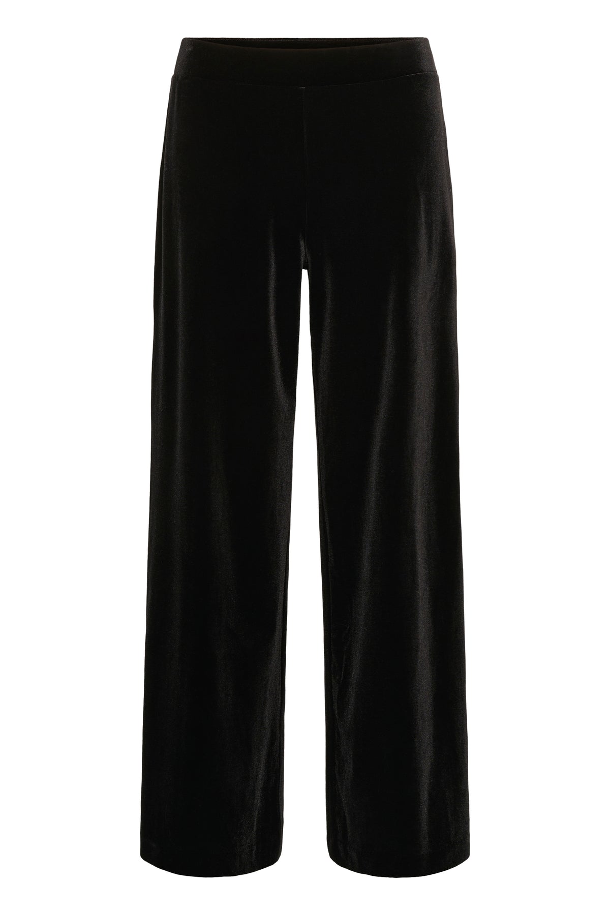 Women's black velvet-like wide-leg pants with wide waistband and straight hems, isolated front view by Part Two