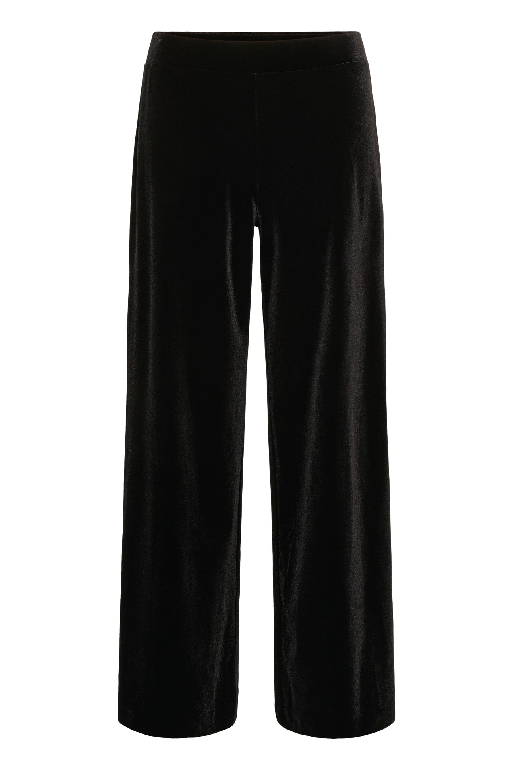 Pantalon jambe large large noir d’aspect velours avec large taille et ourlets droits, vue produit pour femme par Part Two