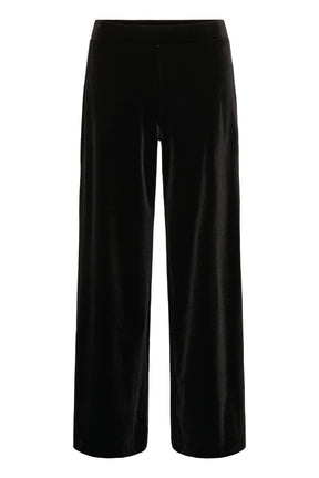Pantalon jambe large large noir d’aspect velours avec large taille et ourlets droits, vue produit pour femme par Part Two