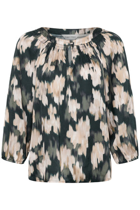 Part Two women's dark teal abstract floral long-sleeve blouse with keyhole neck and elastic cuffs shown from the front