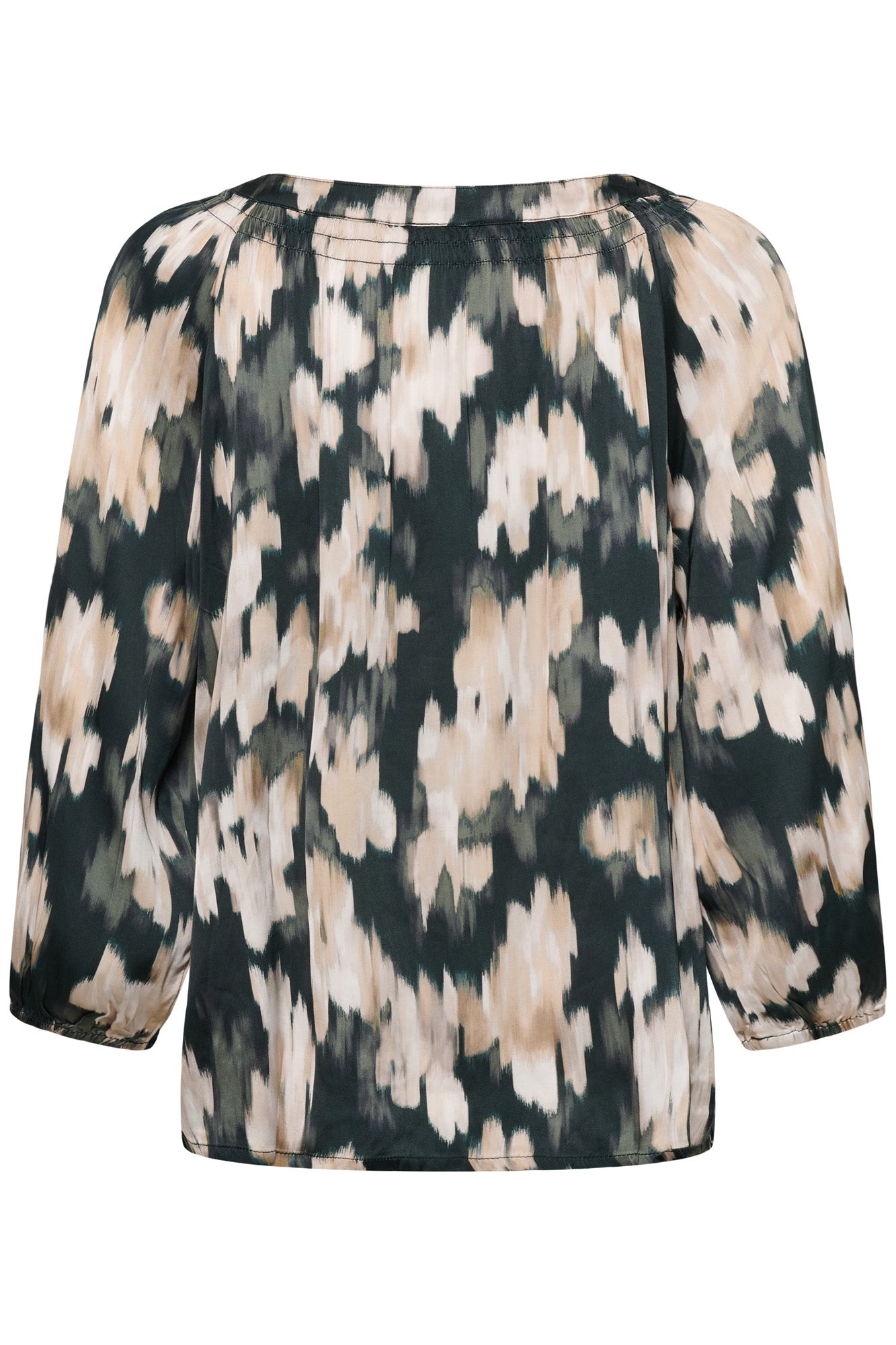 Part Two women's dark teal abstract floral long-sleeve blouse with gathered neckline and straight hem, isolated back view