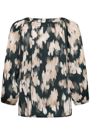 Part Two women's dark teal abstract floral long-sleeve blouse with gathered neckline and straight hem, isolated back view