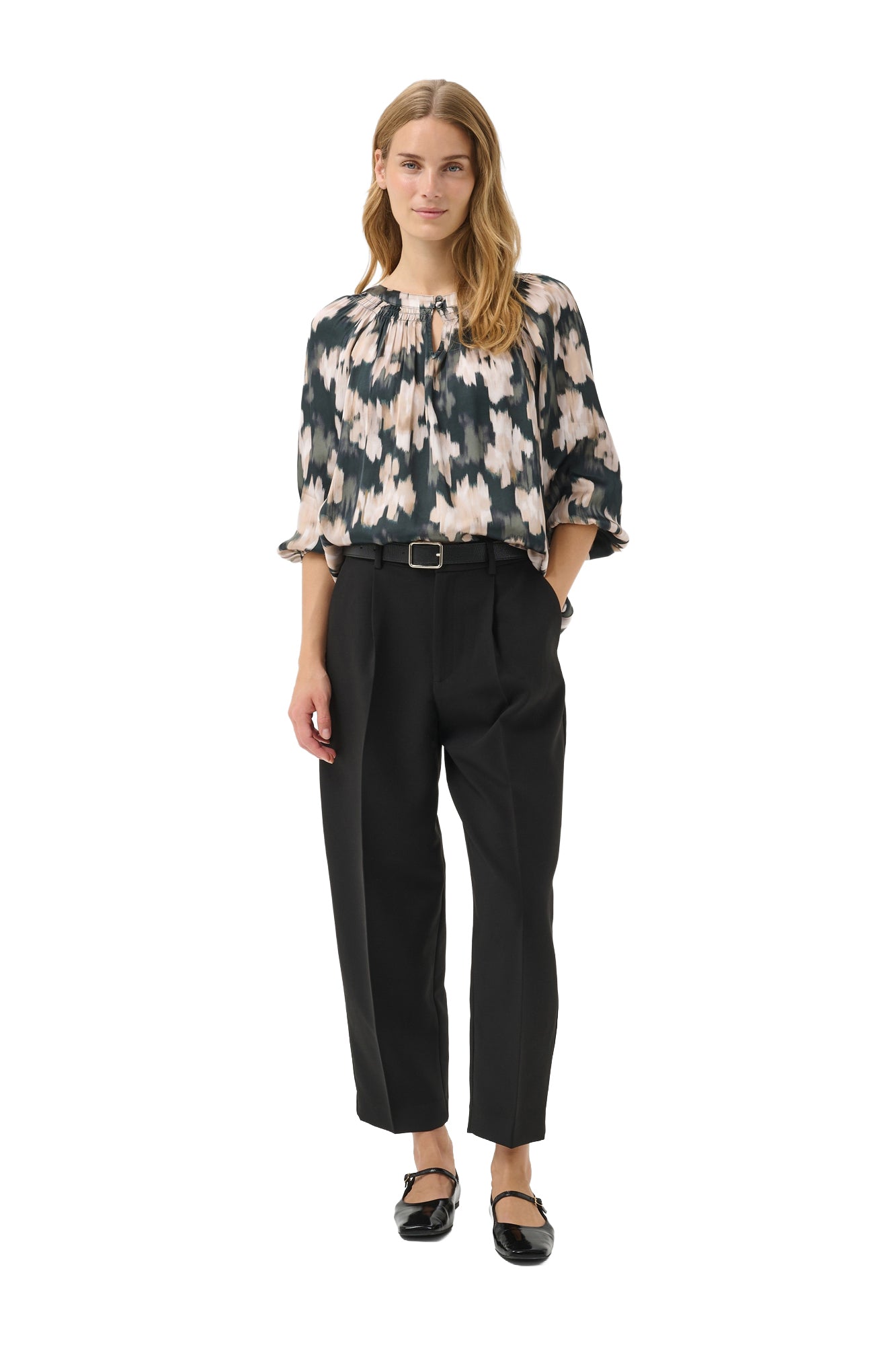 Women's full front model view of dark teal abstract floral long-sleeve blouse with loose by Part Two