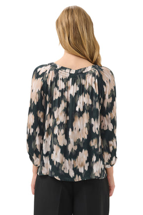 Part Two women's dark teal abstract floral long-sleeve blouse with gathered neckline and elastic cuffs, back view