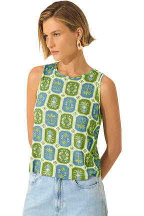 Face de la blouse sans manches verte et bleue à motif botanique pour femme par Lez a Lez, vue rapprochée