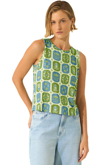 Blouse sans manches verte et bleue imprimée, encolure ronde pour femme par Lez a Lez, vue de face