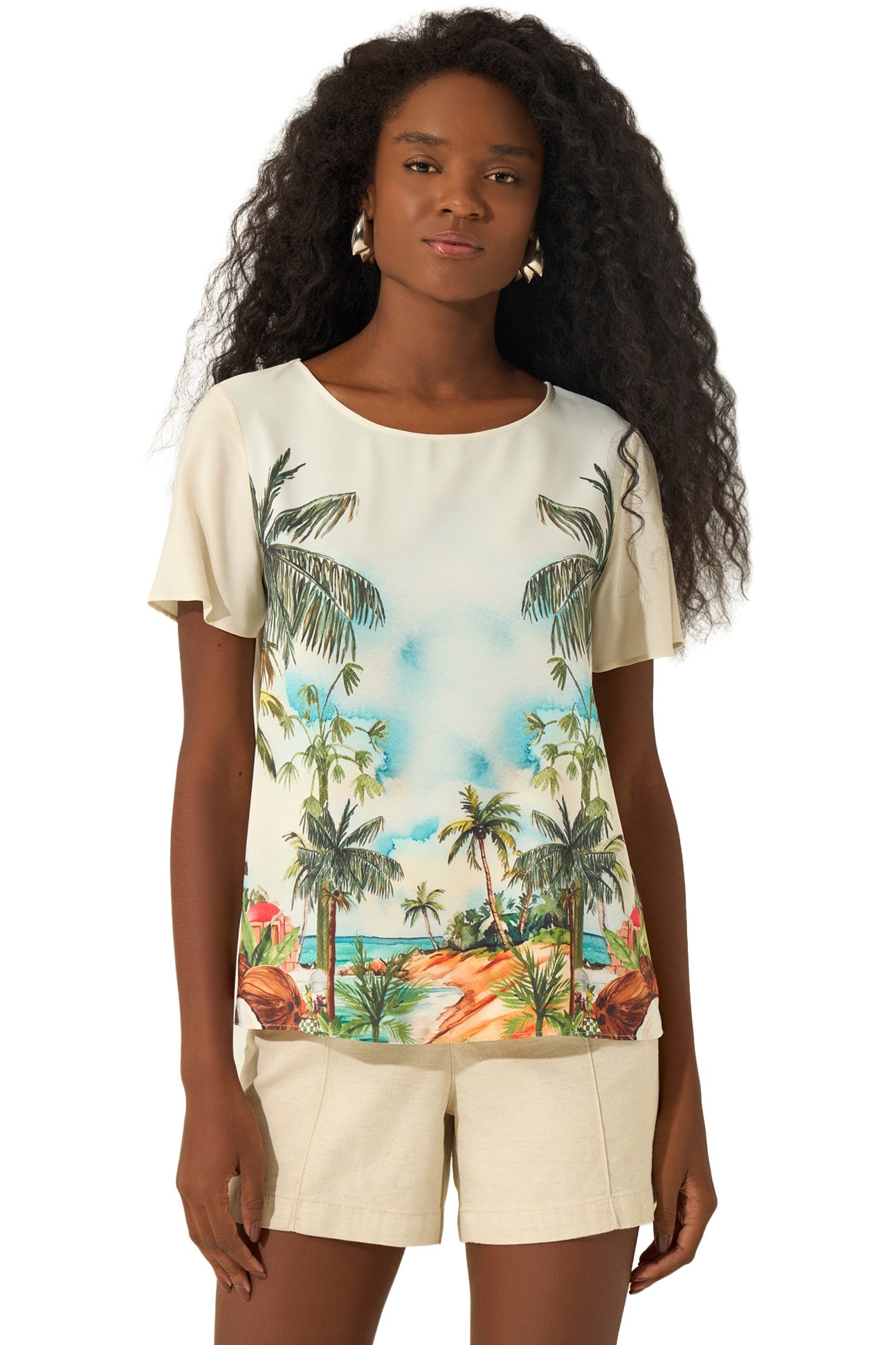 Blouse ivoire à imprimé tropical, manches courtes et encolure ronde pour femme par Lez a Lez, vue de face