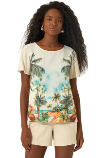 Blouse ivoire à imprimé tropical, manches courtes et encolure ronde pour femme par Lez a Lez, vue de face