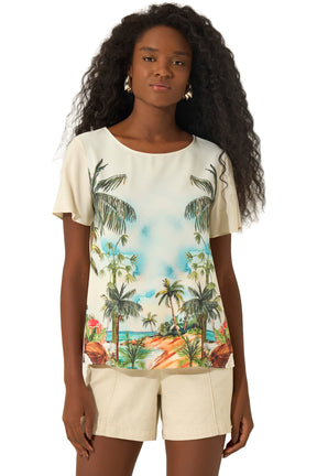 Blouse ivoire à imprimé tropical, manches courtes et encolure ronde pour femme par Lez a Lez, vue de face