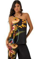 Blouse noire à imprimé tropical, ourlet ample et bretelle tressée pour femme par Lez a Lez, vue de face