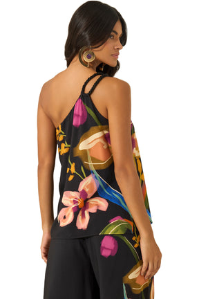 Blouse noire à imprimé tropical, épaule unique et bretelle tressée noire pour femme par Lez a Lez, vue de dos