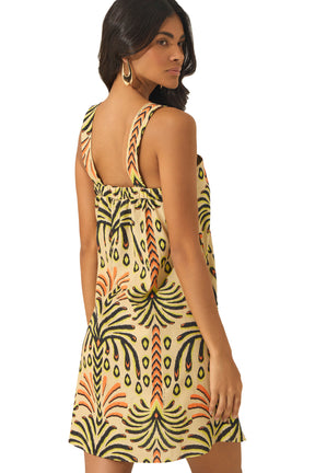 Robe courte beige imprimée, bretelles larges et motif tropical orange-noir pour femme par Lez a Lez, vue de dos
