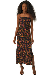 Robe midi noire à fines bretelles, imprimé botanique vif et fente côté pour femme par Lez a Lez, vue de face