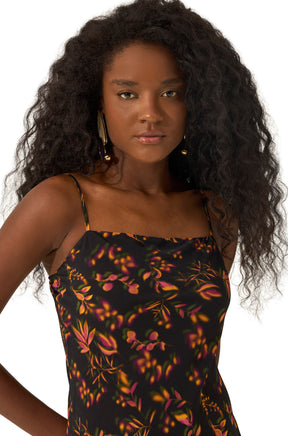 Corsage de robe noire imprimée, encolure carrée et fines bretelles pour femme par Lez a Lez, en gros plan