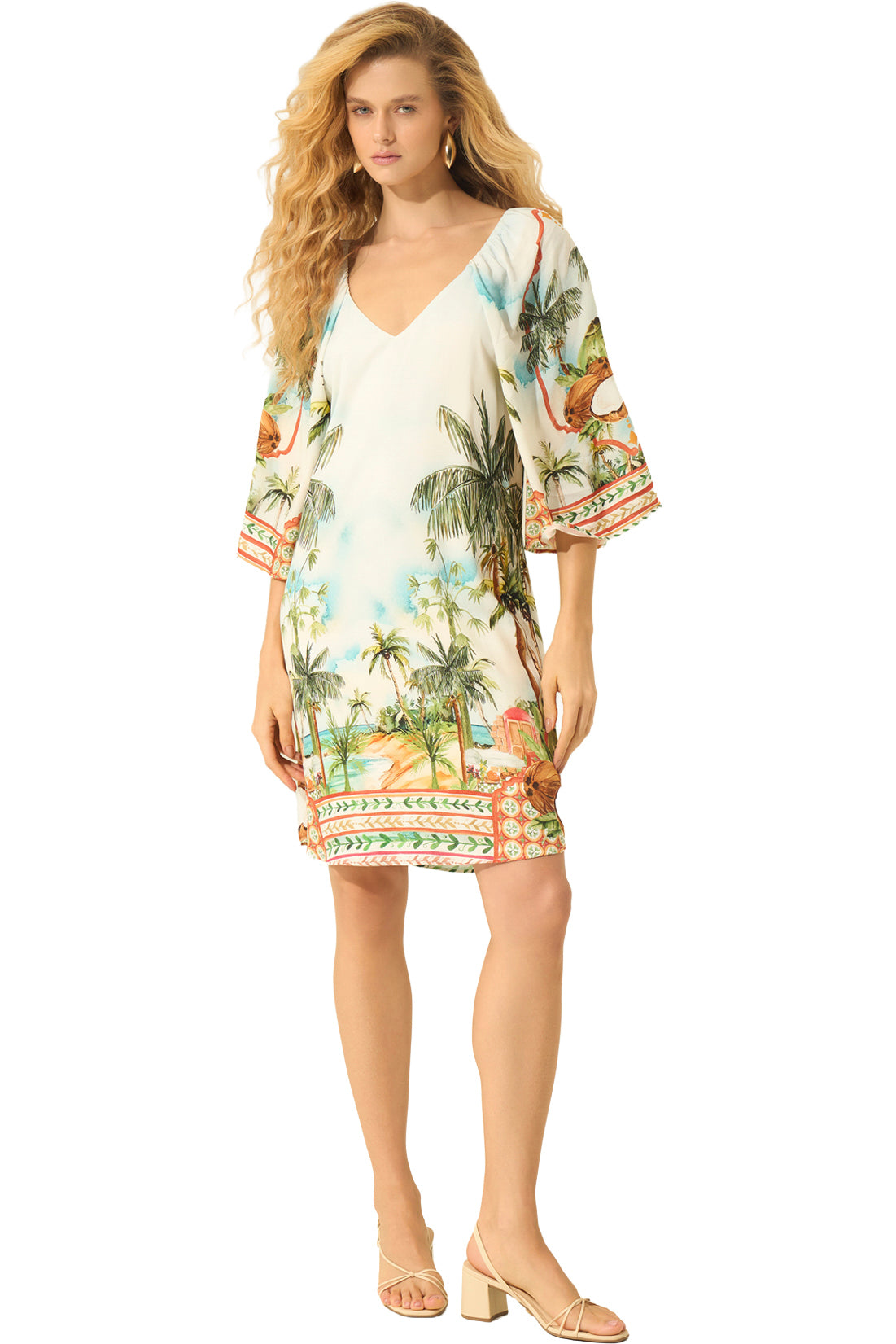 Robe droite crème à imprimé tropical, col en V, manches cloche et bordure pour femme par Lez a Lez, vue avant