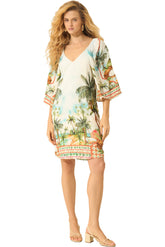 Robe droite crème à imprimé tropical, col en V, manches cloche et bordure pour femme par Lez a Lez, vue avant