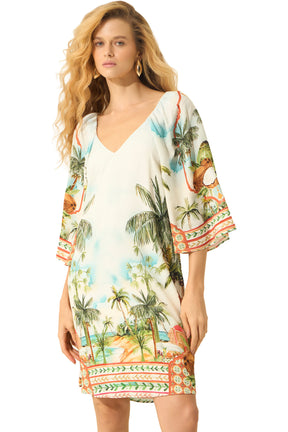Vue rapprochée avant d’une robe crème à imprimé tropical, col en V et manches amples pour femme par Lez a Lez