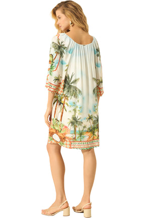 Vue arrière d’une robe crème à imprimé tropical, encolure froncée et bordure à l’ourlet pour femme par Lez a Lez
