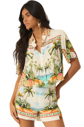 Blouse courte crème à imprimé de palmiers, manches courtes et boutons pour femme par Lez a Lez, vue de face