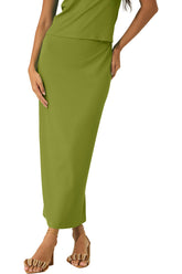 Jupe maxi côtelée vert olive vue de face, silhouette droite à la cheville pour femme par Lez a Lez