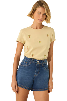 T-shirt jaune pâle à manches courtes, vue de face avec petits palmiers brodés pour femme par Lez a Lez