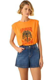 T-shirt orange sans manches à col rond, vue de face avec motif palmier SUNSHINE PARADISE pour femme par Lez a Lez