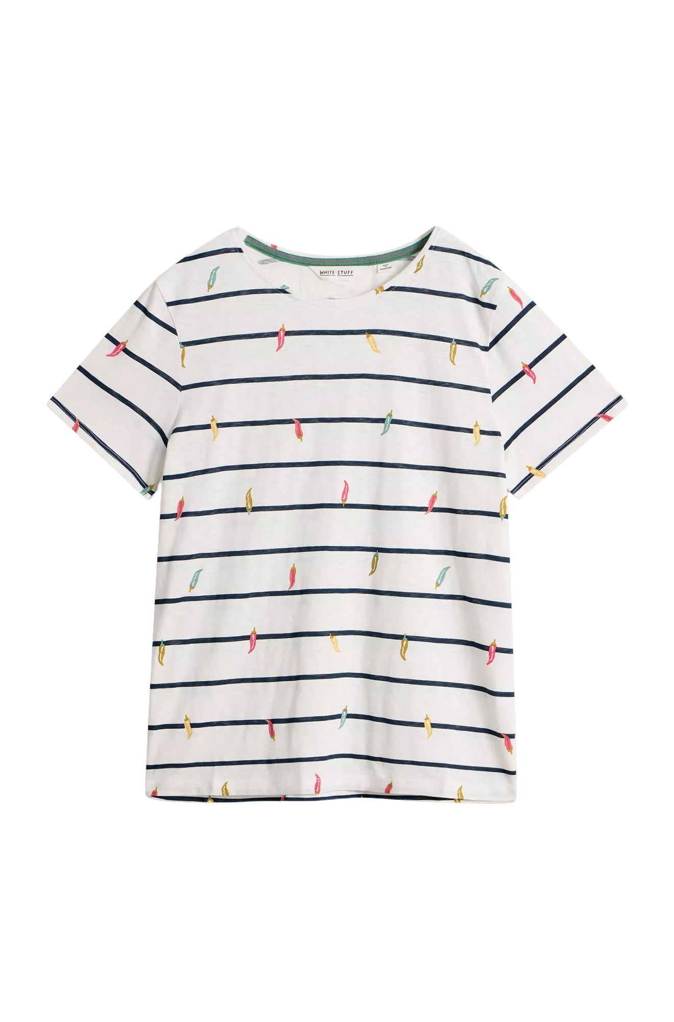 Vue isolée de face du t-shirt ivoire à col rond avec rayures marines et petits piments pour femme par White Stuff