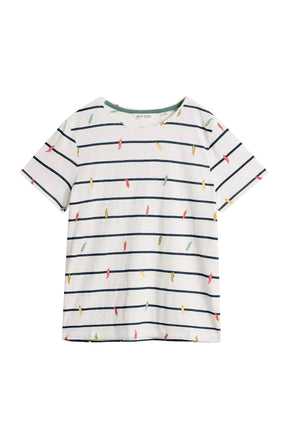 Vue isolée de face du t-shirt ivoire à col rond avec rayures marines et petits piments pour femme par White Stuff