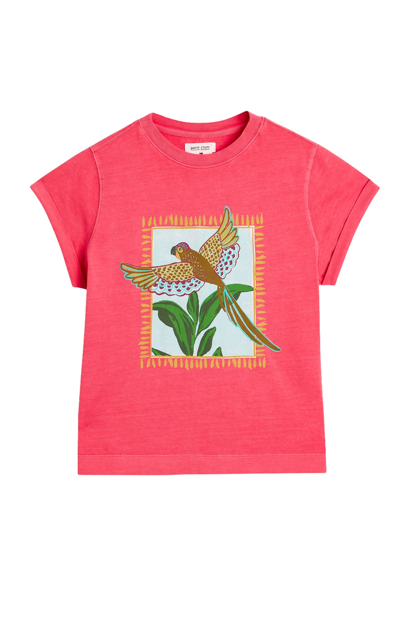 T-shirt corail à col rond, manches roulées et motif perroquet pour femme par White Stuff, vue de face isolée
