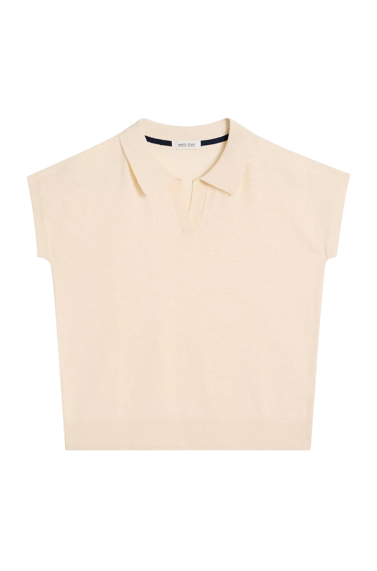 White Stuff women's polo tricot crème à manches courtes à plat, avec patte ouverte et ourlet côtelé