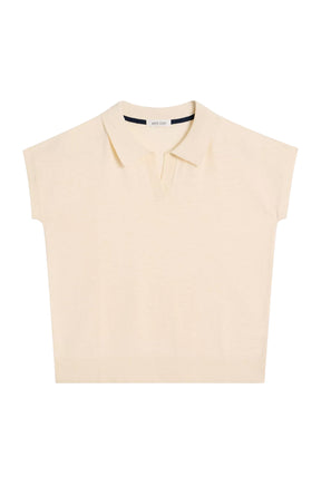 White Stuff women's polo tricot crème à manches courtes à plat, avec patte ouverte et ourlet côtelé