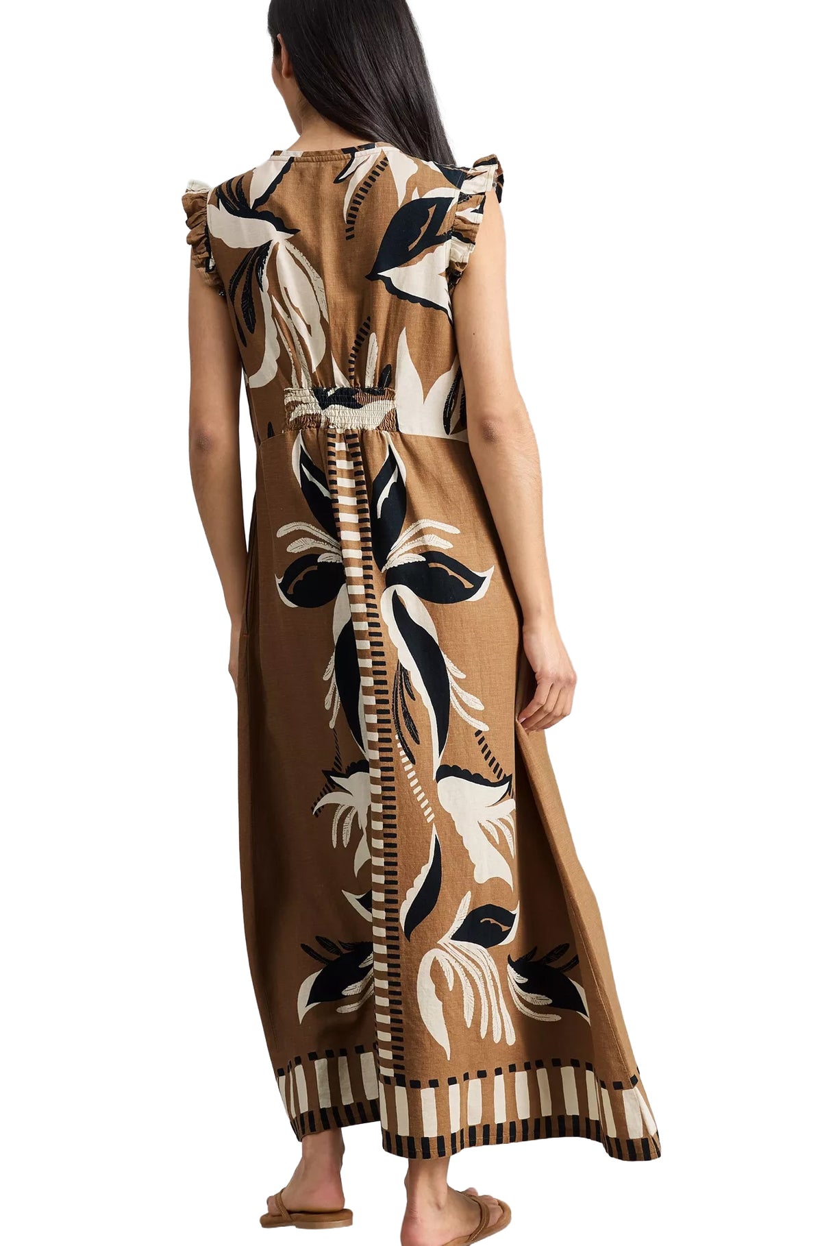 Robe maxi tan à imprimé feuilles noir et crème, épaules volantées pour femme par White Stuff, vue de dos