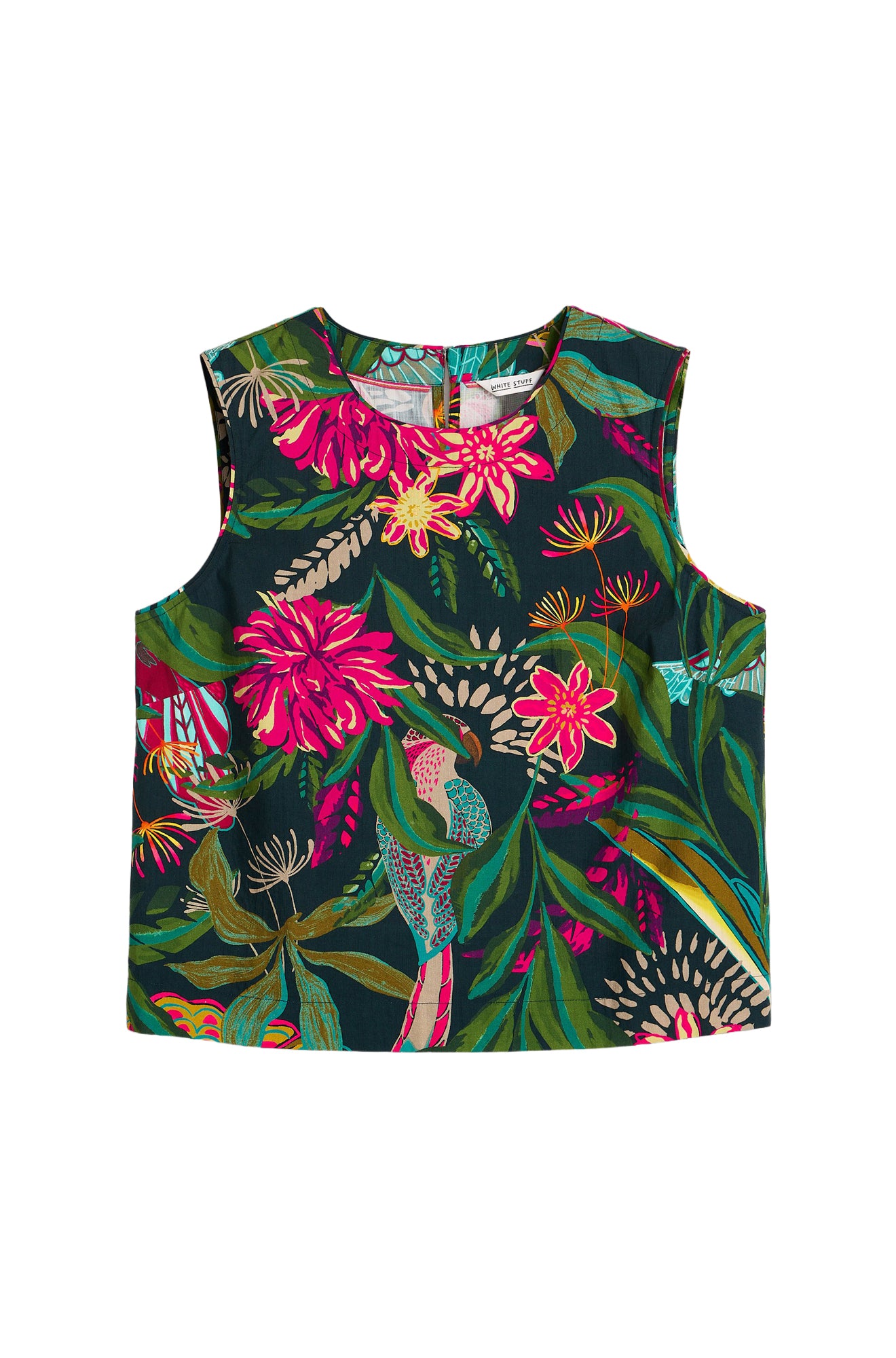 Blouse sans manche sarcelle foncé à fleurs, feuilles et oiseau tropicaux pour femme par White Stuff, vue avant isolée