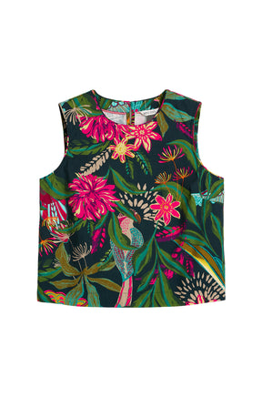 Blouse sans manche sarcelle foncé à fleurs, feuilles et oiseau tropicaux pour femme par White Stuff, vue avant isolée