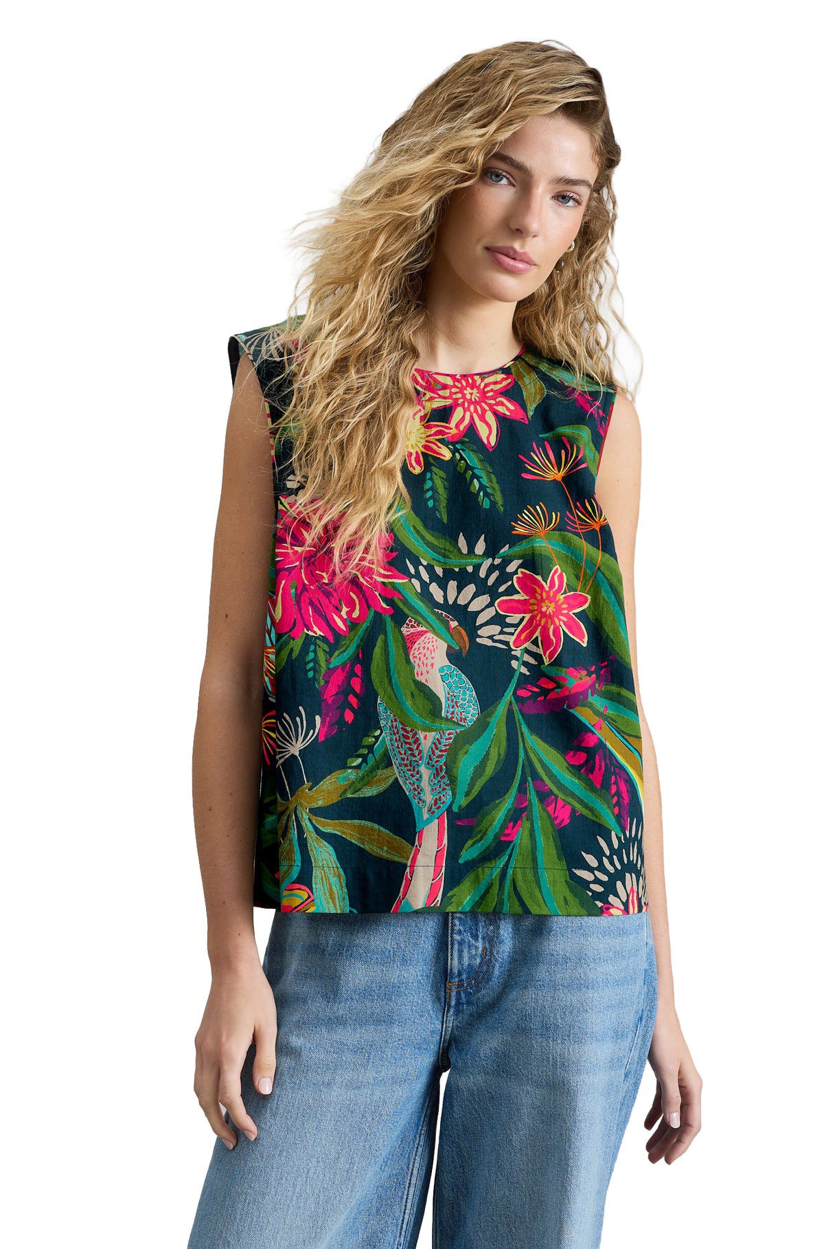 Vue avant mi-corps de la blouse sans manche sarcelle foncé à imprimée tropical fleurs et oiseau pour femme par White Stuff